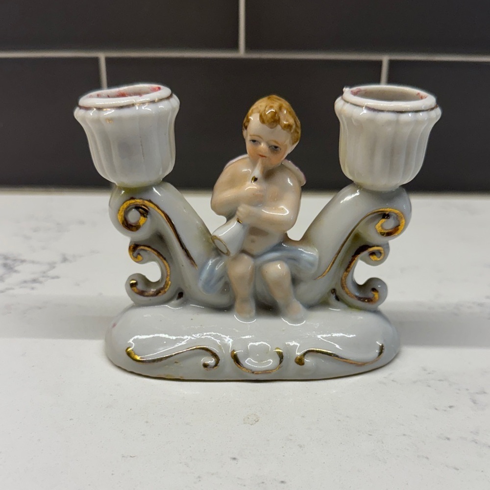 Vintage Cherub Double Candle Holder - White and Gold